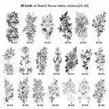 40 types d'autocollants de tatouage de fleur de croquis